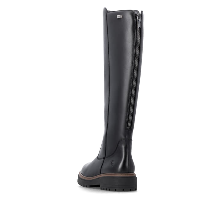 Schwarze remonte Hochschaftstiefel D4B71-00 mit wasserabweisender TEX-Membran. Schuh von hinten.