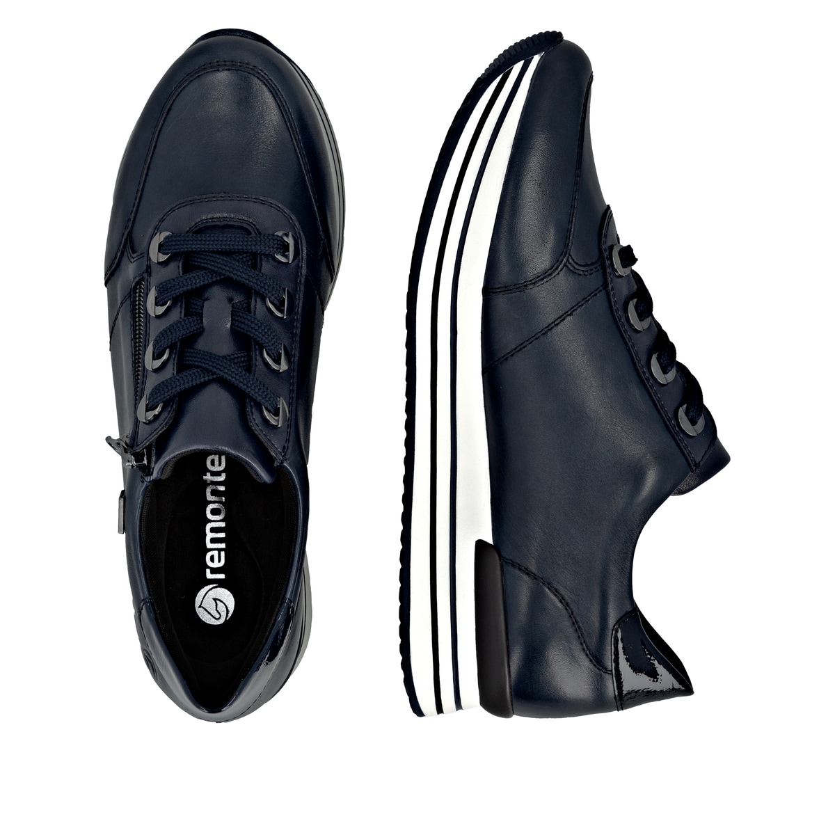 Blaue remonte Damen Sneaker D1302-14 mit wasserabweisender remonteTEX-Membran. Schuh von oben, liegend.