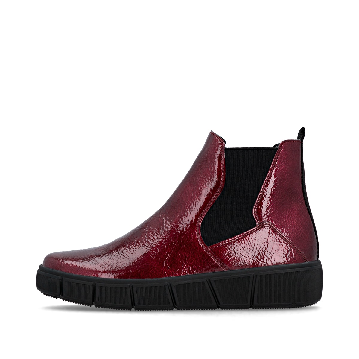 Rotschwarze vegane remonte Chelsea Boots D1T71-33 mit einem Reißverschluss. Schuh Außenseite.