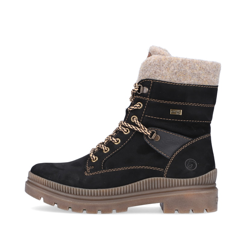 Glanzschwarze remonte Damen Schnürstiefel D0C77-02 mit griffiger Glass-Fibre Sohle. Schuh Außenseite