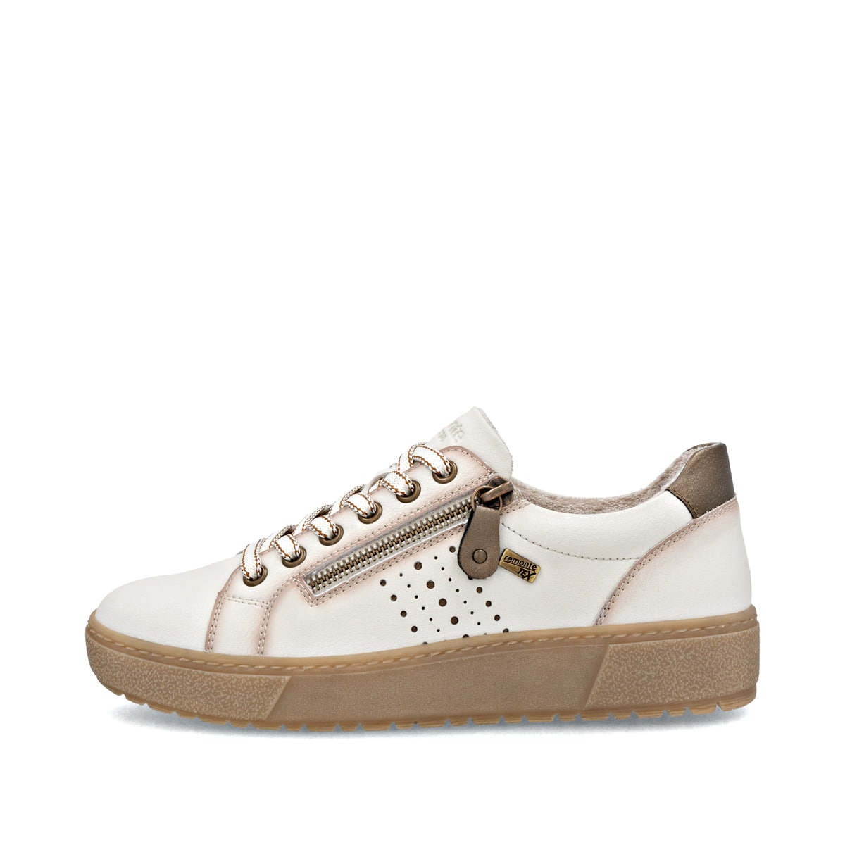 Beige remonte Damen Sneaker D2T00-60 mit wasserabweisender remonteTEX-Membran. Schuh Außenseite.