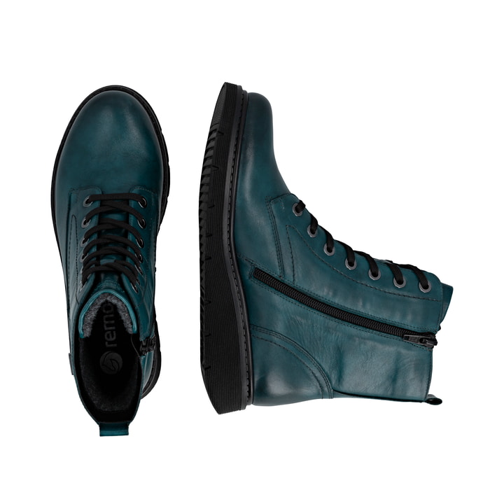 Blaue remonte Damen Schnürstiefel D3979-12 mit wasserabweisender TEX-Membran. Schuh von oben, liegend.