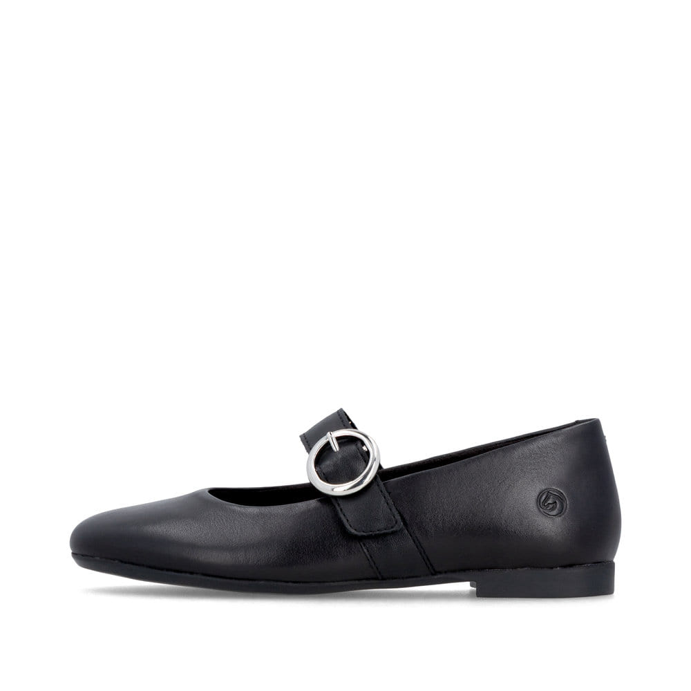 Schwarze remonte Ballerinas D0K14-00 mit einem Klettverschluss. Schuh Außenseite.