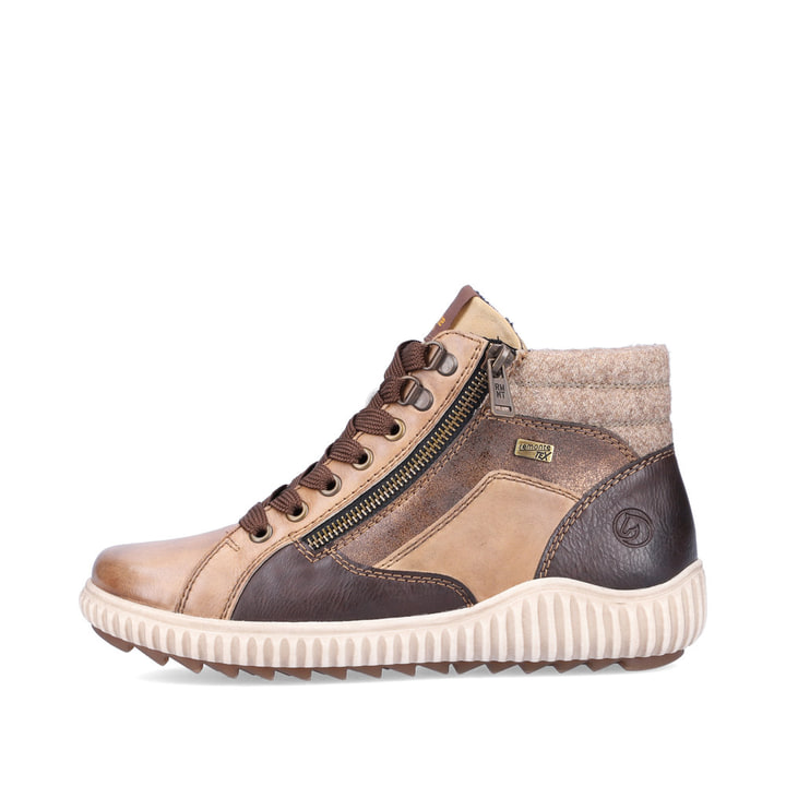 
Hellbeige remonte Damen Schnürstiefel R7998-60 mit Schnürung und Reißverschluss. Schuh seitlich schräg