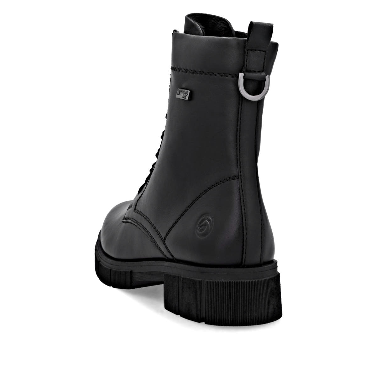 Schwarze remonte Damen Schnürstiefel D2S73-00 mit wasserabweisender TEX-Membran. Schuh von hinten.