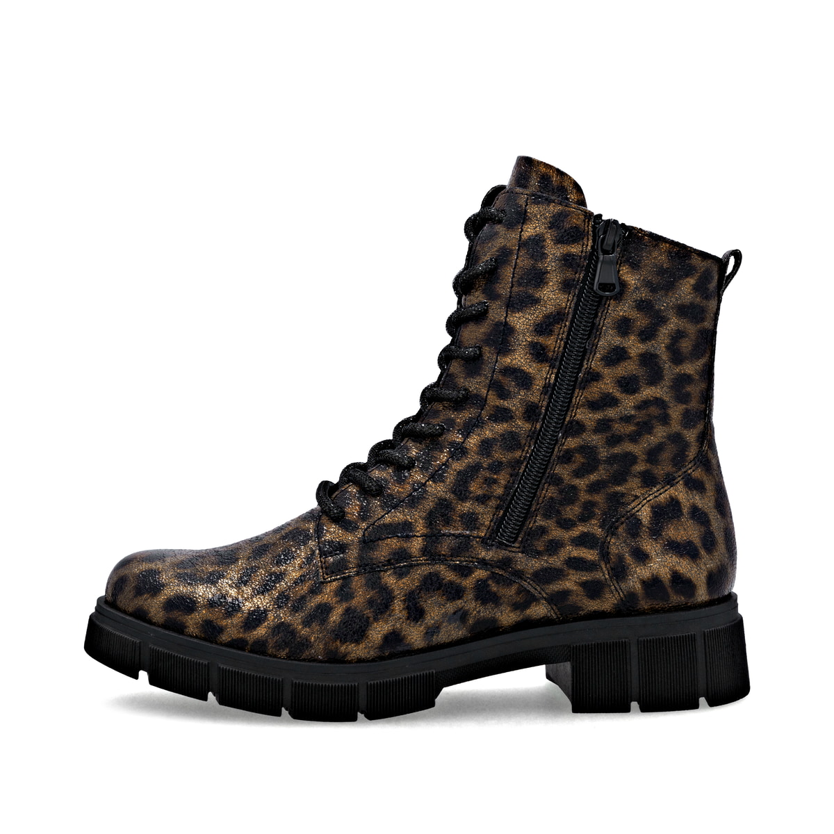 Braunschwarze remonte Damen Schnürstiefel D2S72-90 mit Leo-Print. Schuh Außenseite.