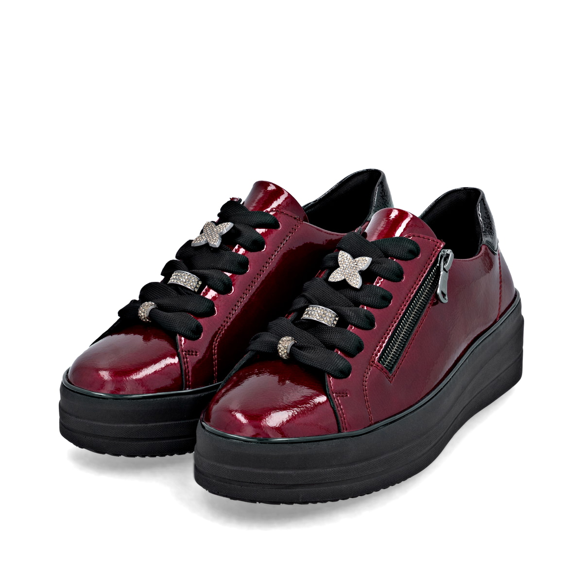 Rote remonte Damen Sneaker D1C09-35 mit dekorativem Schmuckdetail. Schuhpaar seitlich schräg.