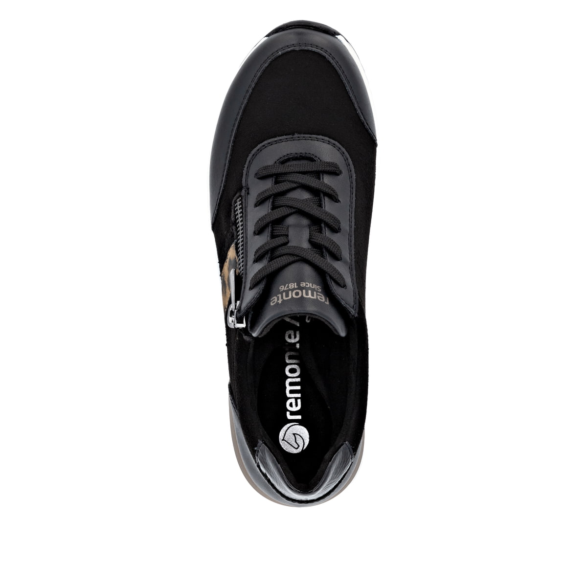 Baskets basses remonte noires pour femme D0T09-04 avec imprimé léopard. Semelle extérieure de la chaussure.