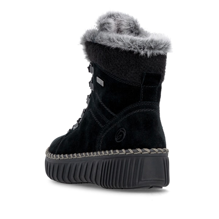 Schwarze remonte Damen Schnürstiefel D4A70-03 mit wasserabweisender TEX-Membran. Schuh von hinten.