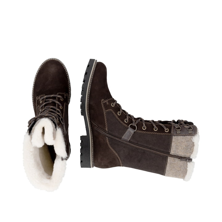 Dunkelbraune remonte Hochschaftstiefel D8474-25. Schuh von oben, liegend.