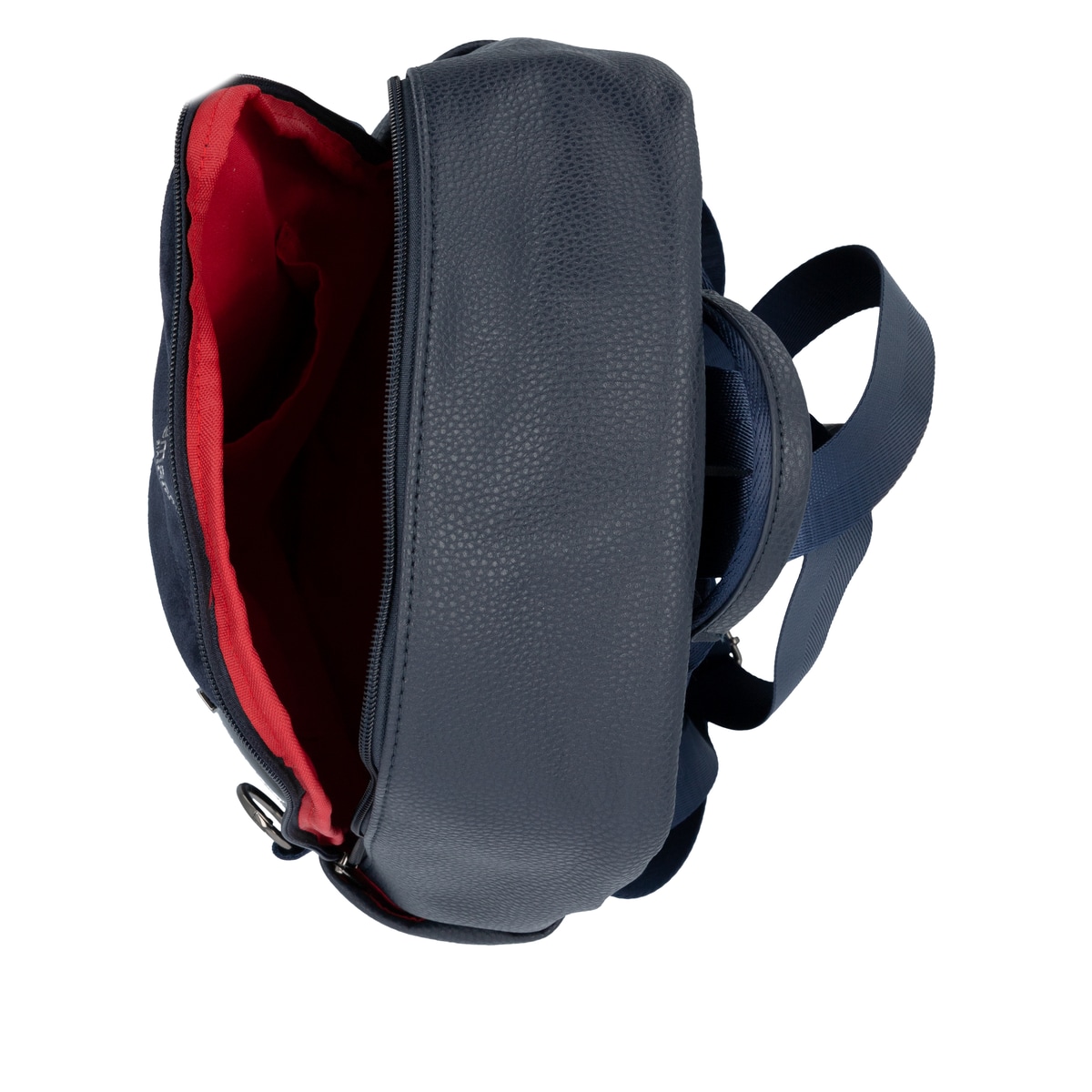Sac à dos remonte Q0533-14 en bleu avec une poignée pour l'attacher à la poignée de valise et un sac banane amovible. Ouvert.