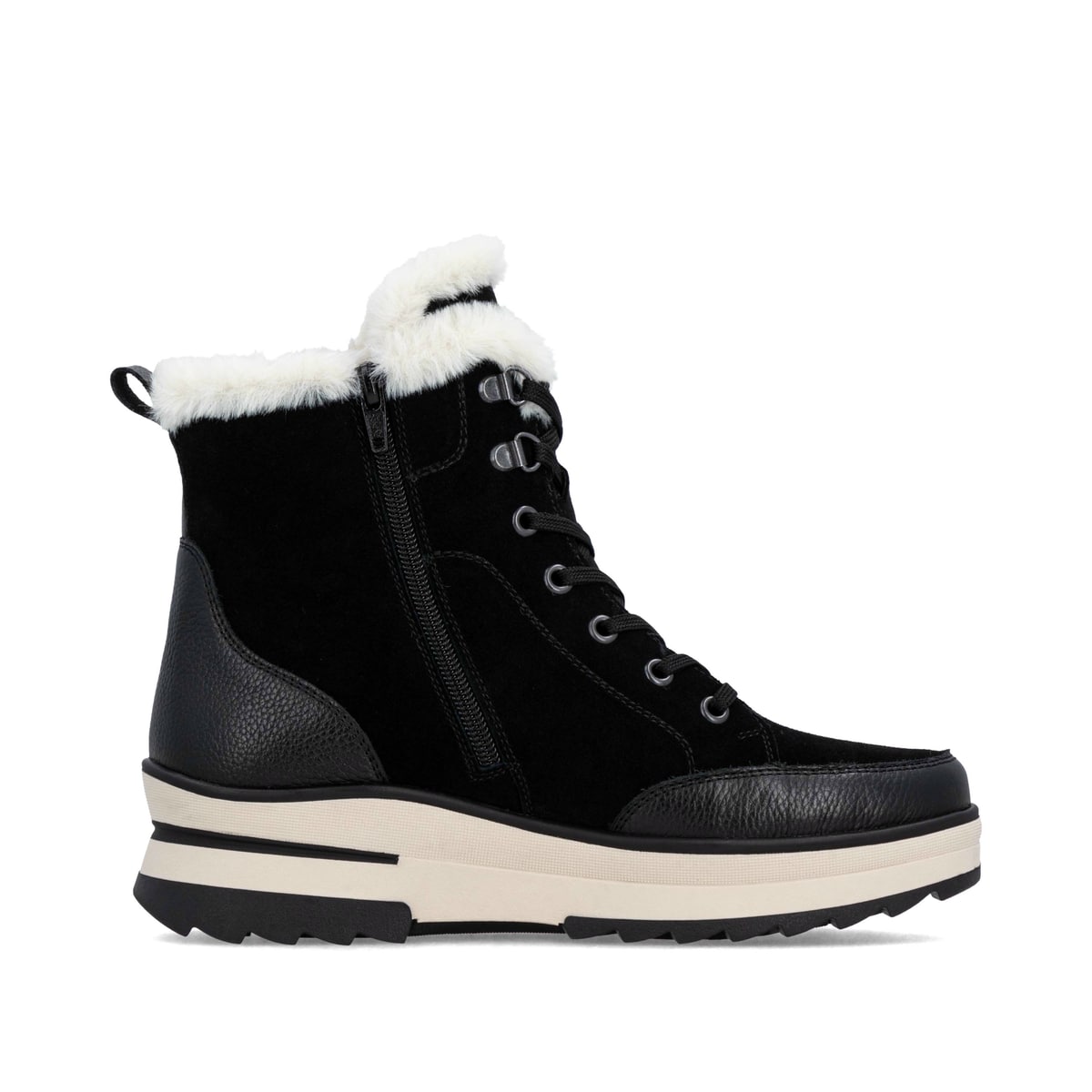 Schwarze remonte Damen Schnürstiefel D2B76-03 mit griffiger Glass-Fibre Sohle. Schuh Innenseite.