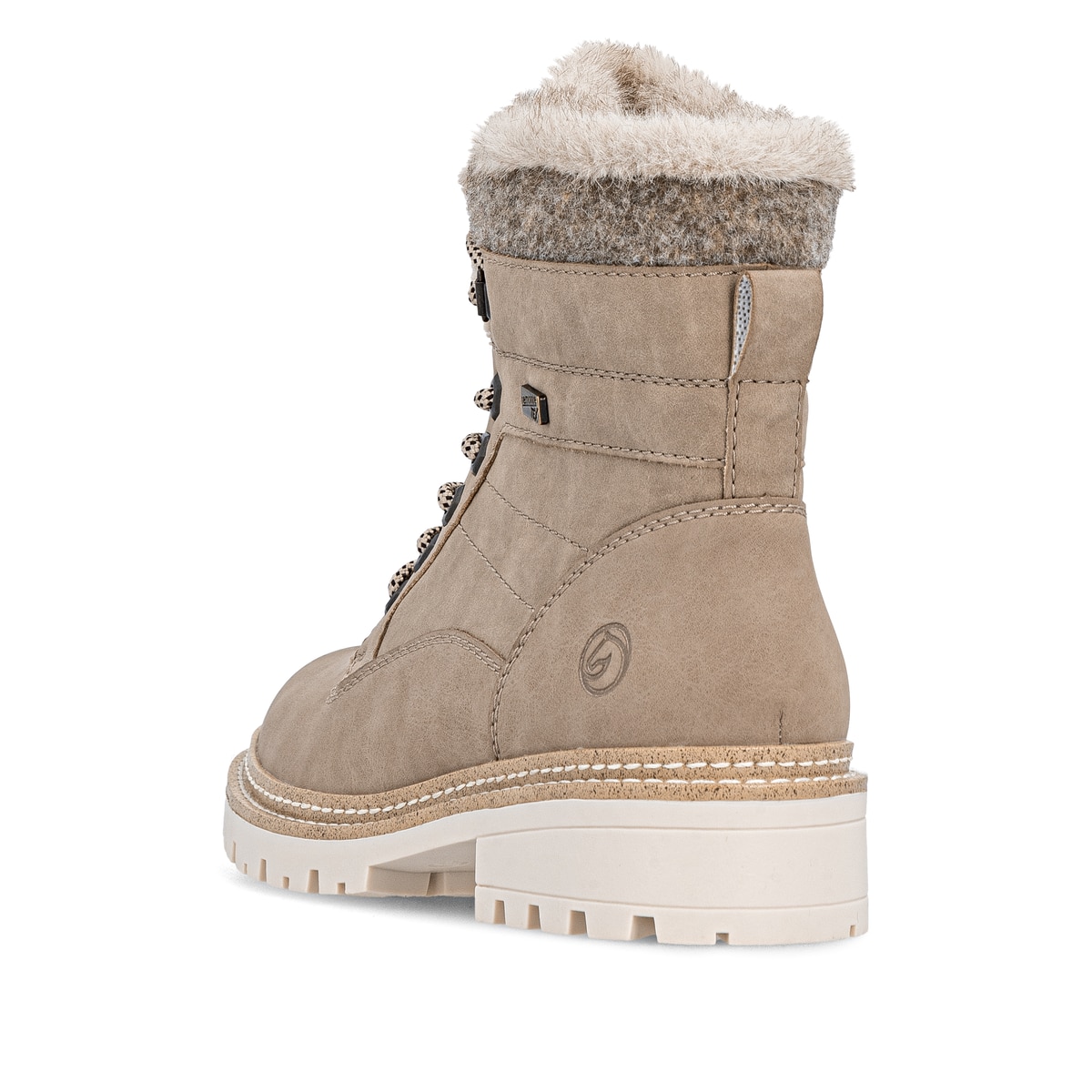 Camelfarbene remonte Damen Schnürstiefel D0B81-20 mit weichem Schaftrand. Schuh von hinten.