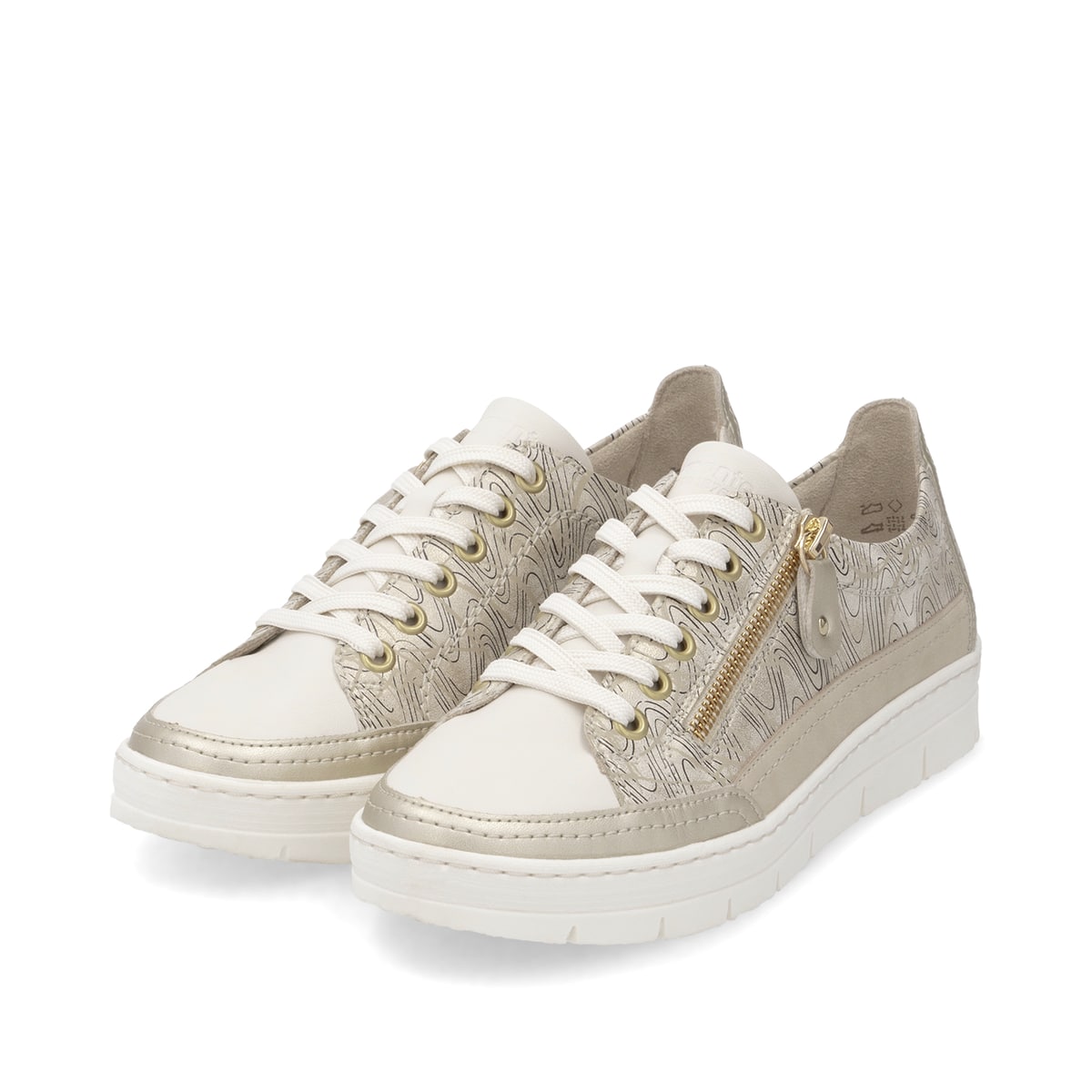 Goldene remonte Damen Sneaker Low D5826-91 mit einem Reißverschluss. Schuhpaar seitlich schräg.