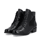 Schwarze remonte Damen Stiefeletten D6882-00 mit einem Reißverschluss. Schuhpaar seitlich schräg.