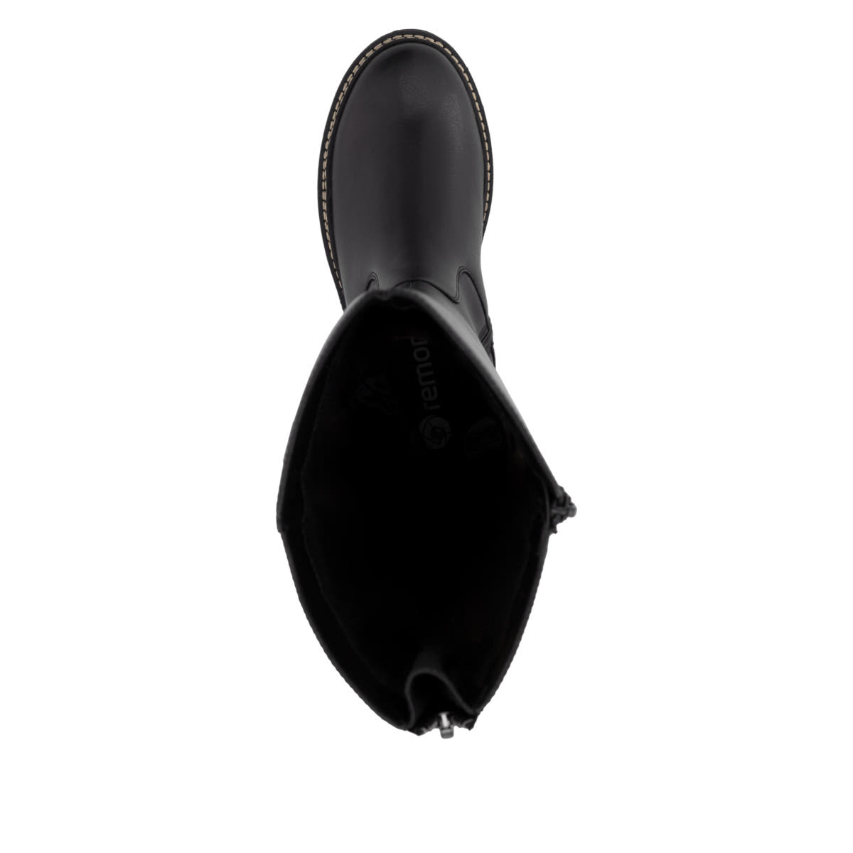Schwarze remonte Hochschaftstiefel D0B72-01 mit wasserabweisender TEX-Membran. Schuh von oben.