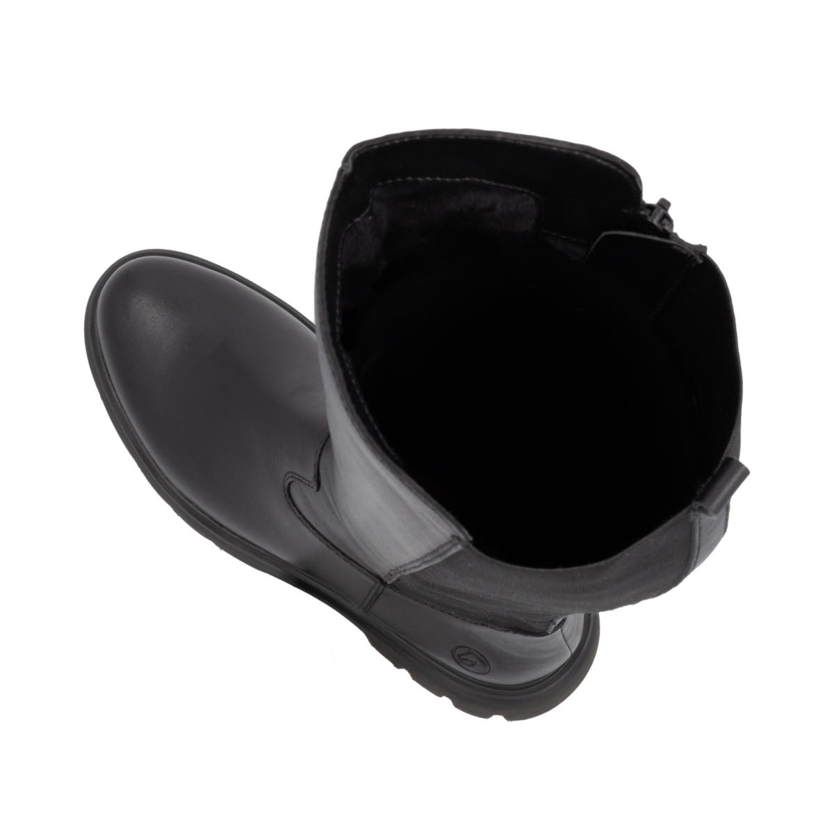Schwarze remonte Hochschaftstiefel D1W77-00 mit einem Reißverschluss. Schuh von oben, liegend.