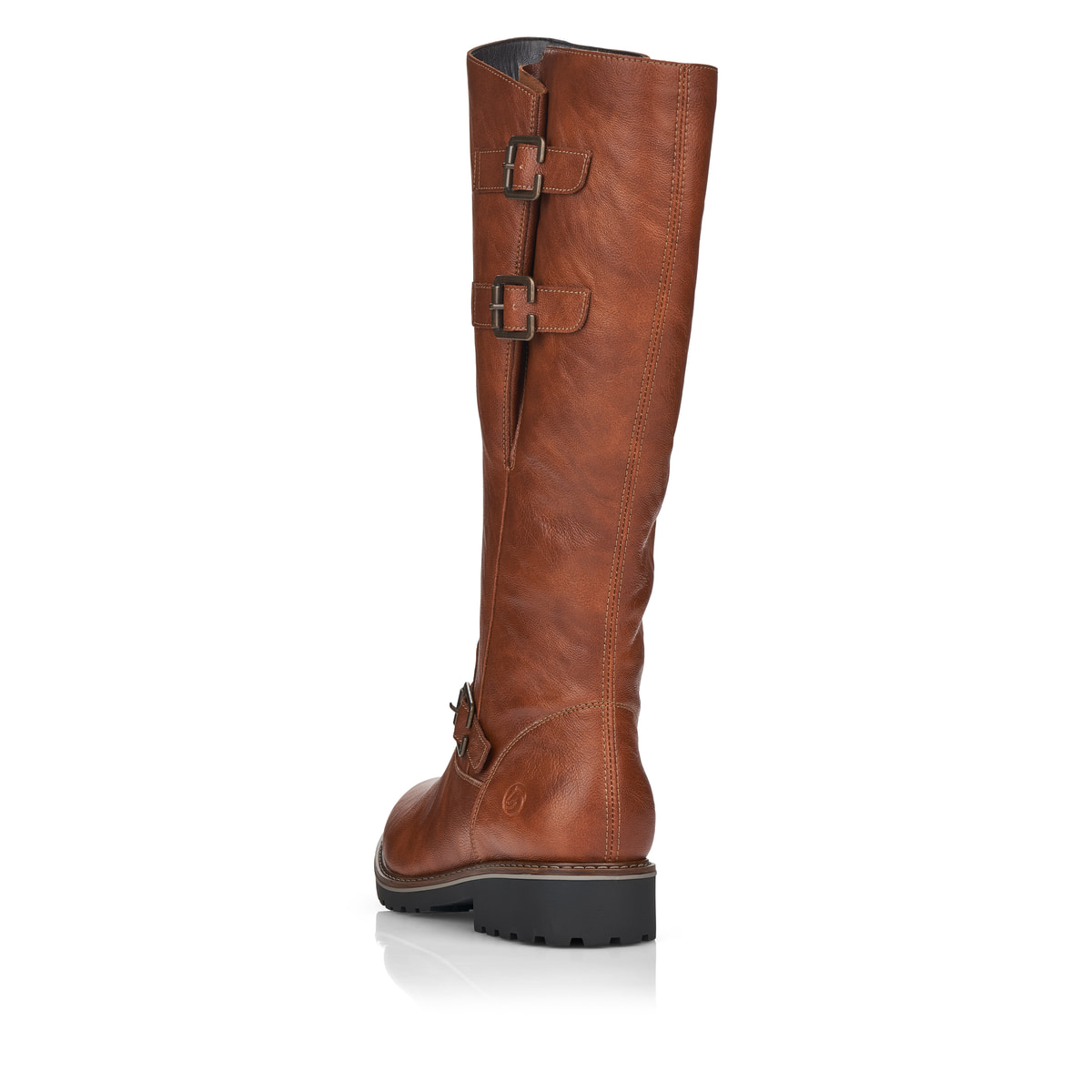 Braune remonte Hochschaftstiefel R6590-22 mit einem Reißverschluss. Schuh von hinten.
