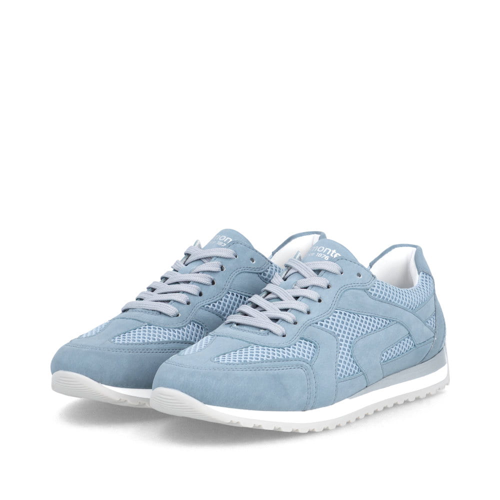 Blaue vegane remonte Damen Sneaker D3H01-10 mit Schnürung sowie der Extraweite H. Schuhpaar seitlich schräg.