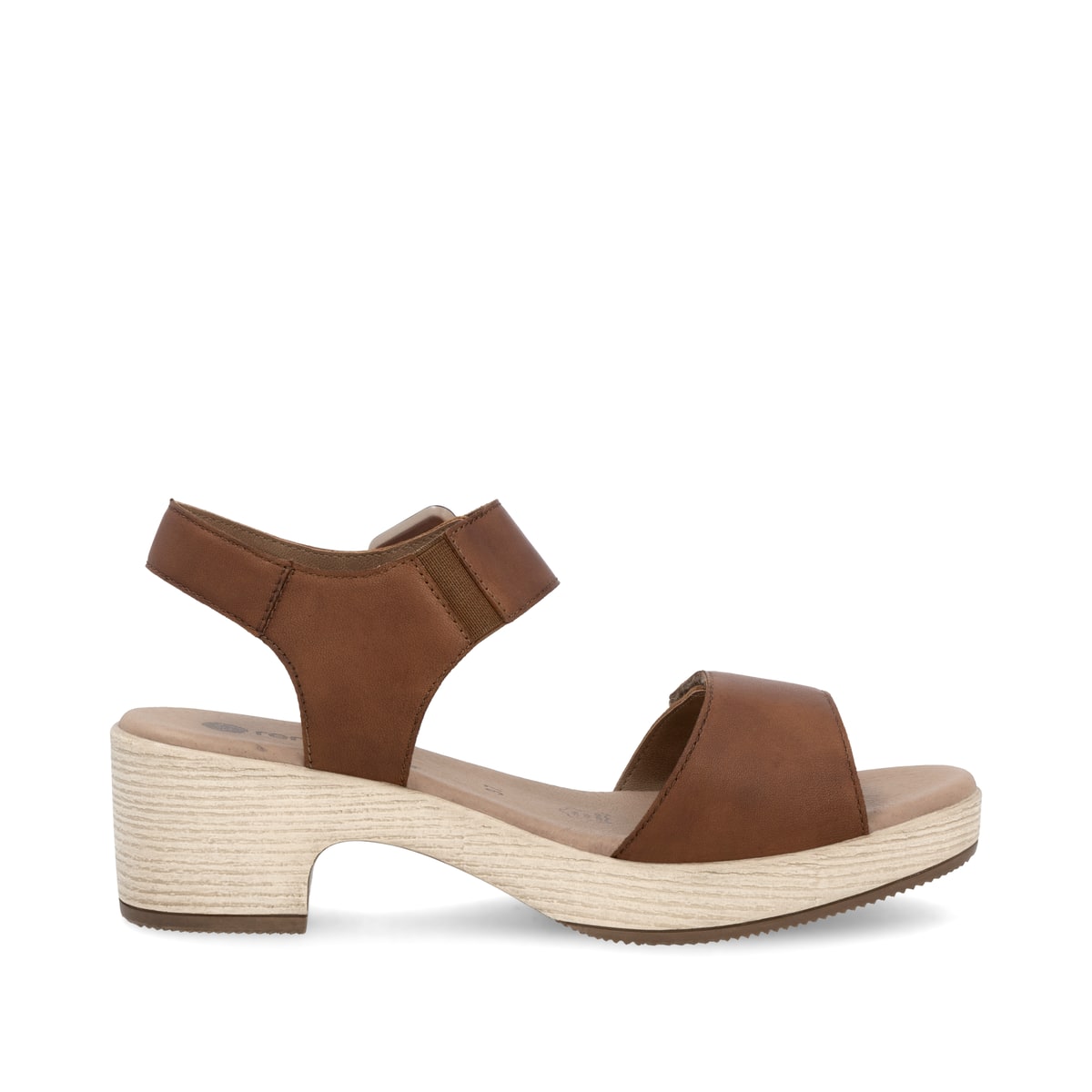 Braune remonte Riemchensandaletten D0N52-25 mit einem Klettverschluss. Schuh Innenseite.