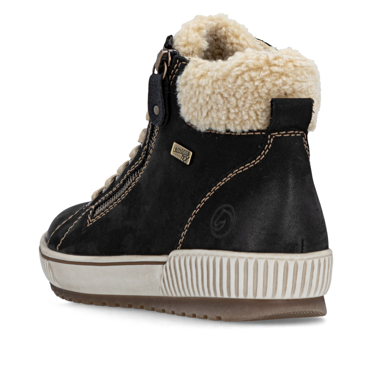 Schwarze remonte Damen Schnürstiefel D0770-03 mit wasserabweisender TEX-Membran. Schuh von hinten.