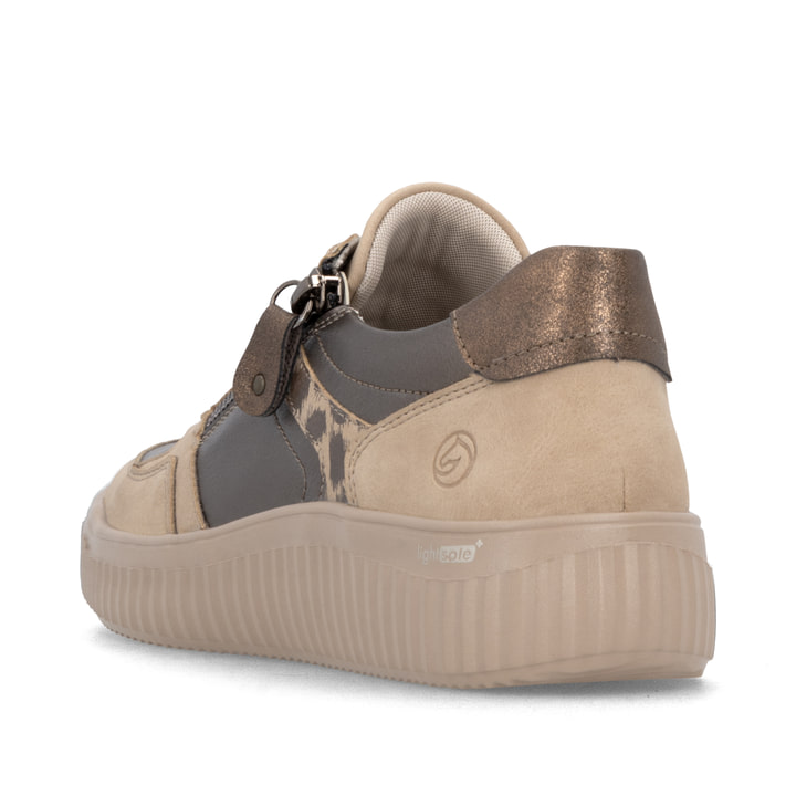 Beige-bronzene remonte Damen Sneaker D3E05-90 mit der ultraleichten lightsole+. Schuh von hinten.