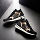 Schwarze remonte Damen Sneaker D1G71-03 mit Animal-Print sowie Reißverschluss. Schuh auf schwarzem Hintergrund.