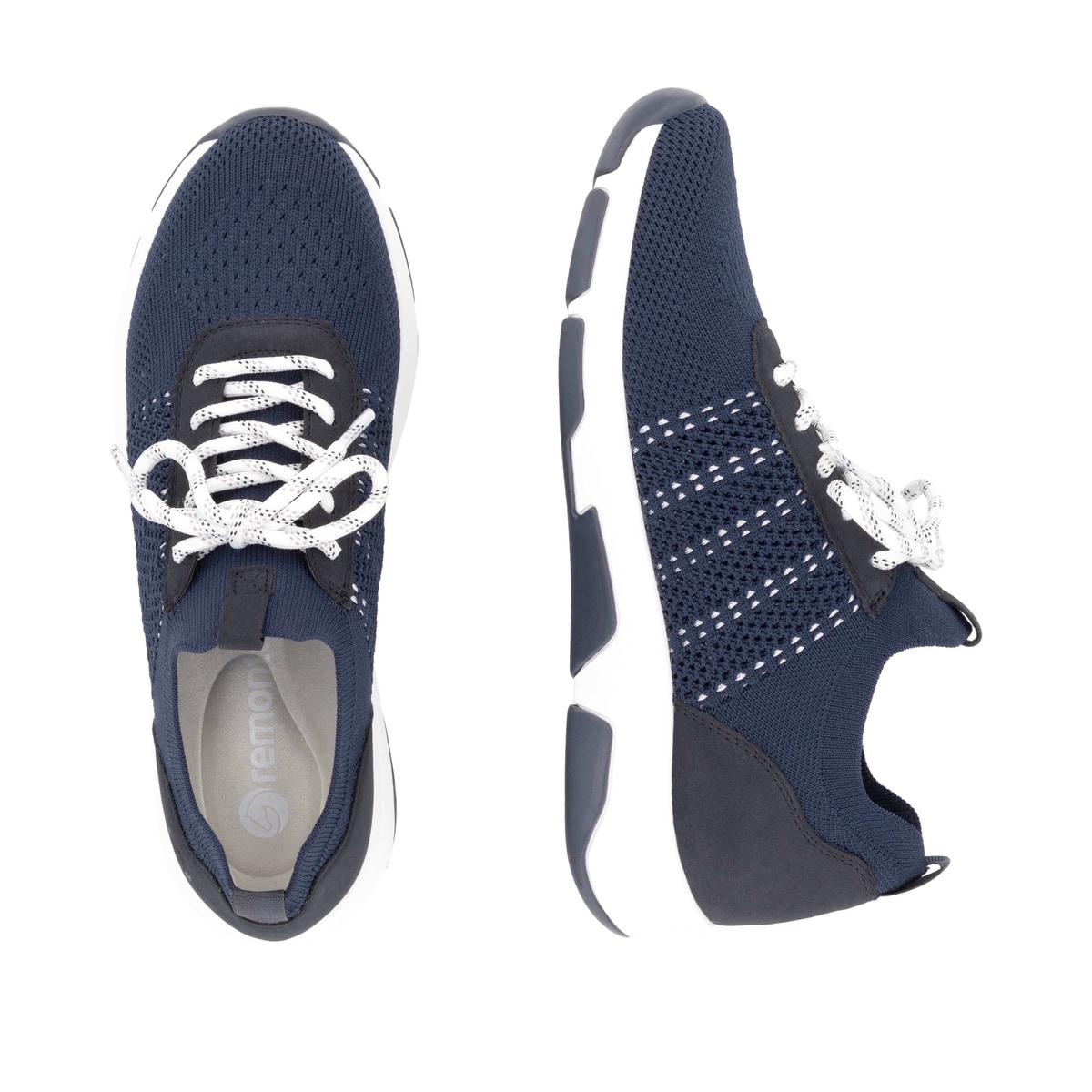 Blaue remonte Damen Slipper D1S05-14 mit einem Gummizug sowie der Komfortweite G. Schuh von oben, liegend.