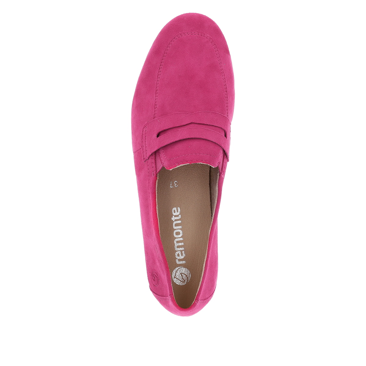Magentafarbene remonte Damen Loafer D0K02-31 mit einem Elastikeinsatz. Schuh von oben.