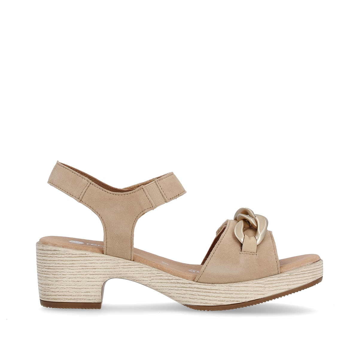 Braunbeige remonte Riemchensandaletten D0N55-60 mit einem Klettverschluss. Schuh Innenseite.