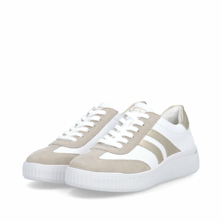 Weißbeige remonte Damen Schnürschuhe D3E00-80 mit der Extraweite H. Schuhpaar seitlich schräg.