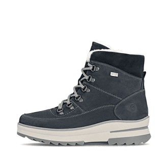 Stahlblaue remonte Damen Schnürstiefel D2B74-14 mit griffiger Glass-Fibre Sohle. Schuh Außenseite.