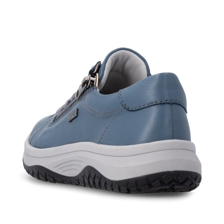 Blaue remonte Damen Schnürschuhe D3Q00-14 mit wasserabweisender TEX-Membran. Schuh von hinten.
