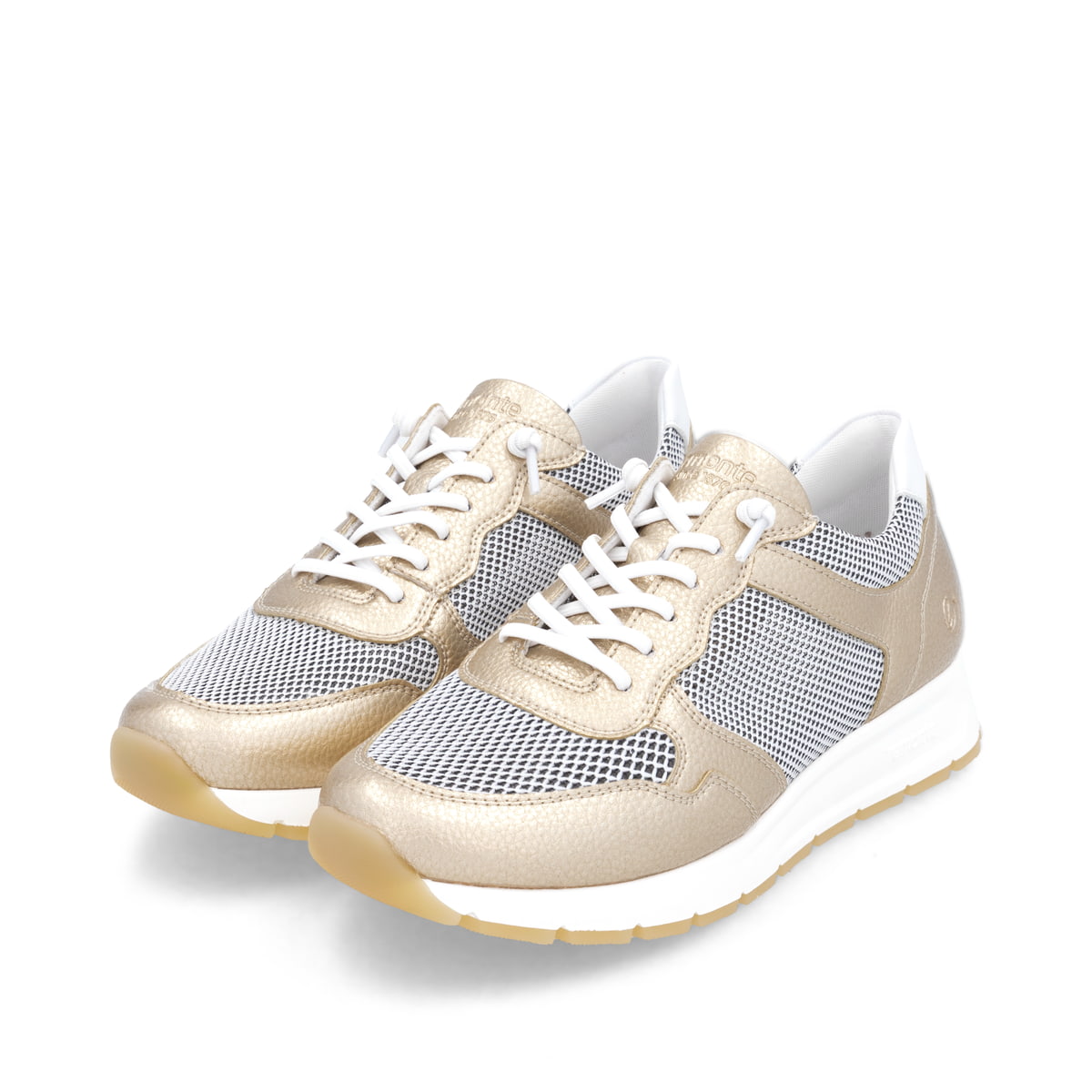 Metallische remonte Damen Sneaker Low D2G03-90 mit einer Schnürung. Schuhpaar seitlich schräg.