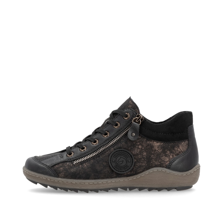 Schwarz-bronzene remonte Damen Schnürstiefel R1477-90 mit einem Reißverschluss. Schuh Außenseite.