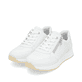 Weiße remonte Damen Sneaker Low D2G01-80 mit Reißverschluss sowie Komfortweite G. Schuhpaar seitlich schräg.