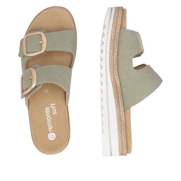 Mules remonte vertes pour femme D0Q66-52 avec boucle tendance. Chaussure vue de dessus, couchée.