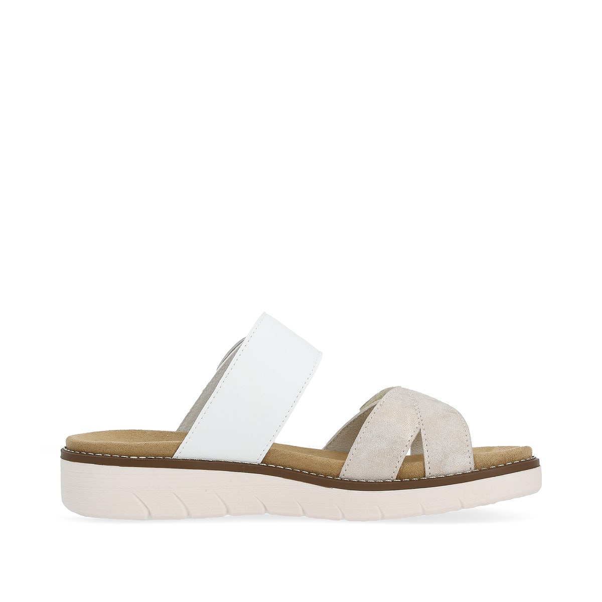 Weiße vegane remonte Damen Pantoletten D2048-90 mit einem Klettverschluss. Schuh Innenseite.