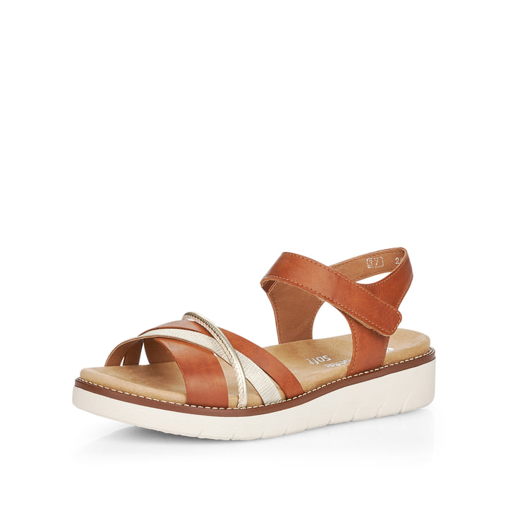 Karamellbraune remonte Damen Riemchensandalen D2058-24 mit einer Profilsohle. Schuh seitlich schräg