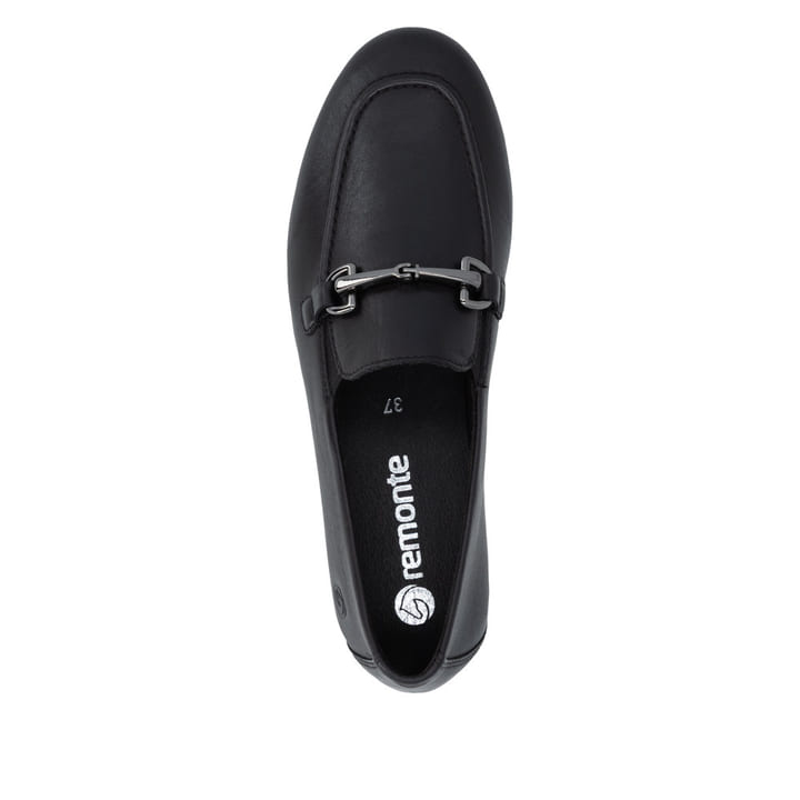 Schwarze remonte Damen Loafer D0K13-00 mit einem Gummizug. Schuh von oben.