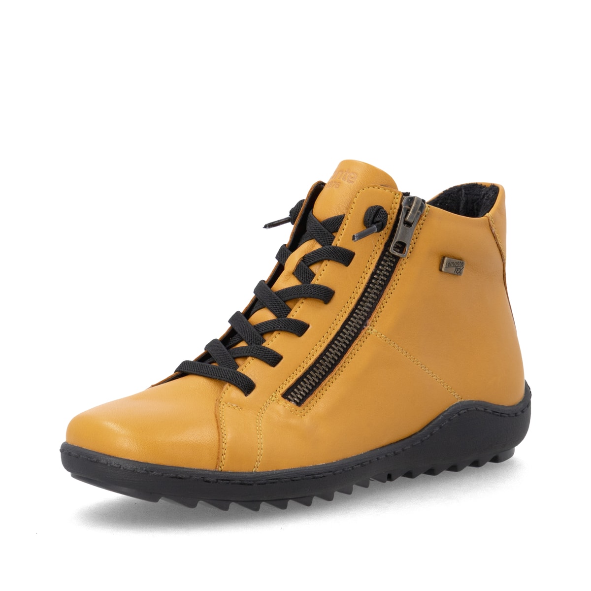 Gelbe remonte Damen Kurzstiefel R1455-68 mit wasserabweisender TEX-Membran. Schuh seitlich schräg.