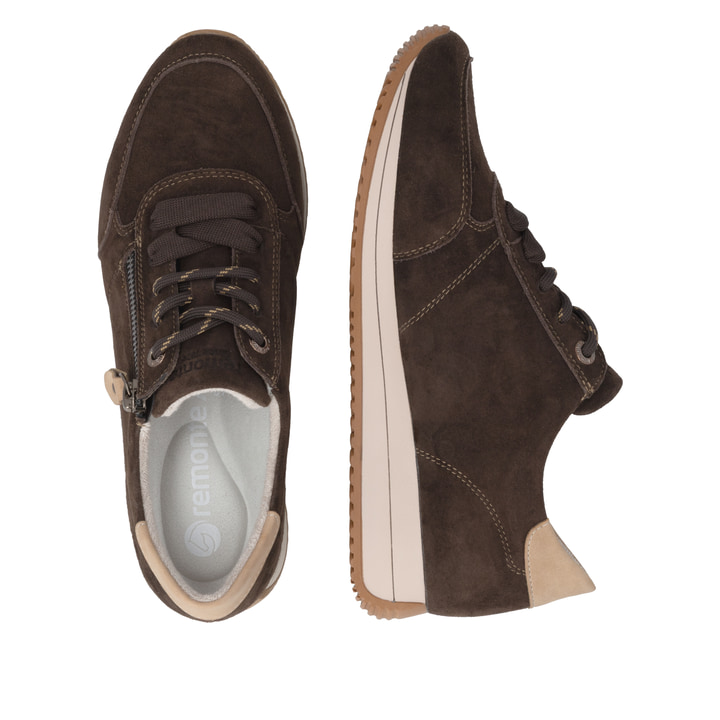 Dunkelbraun-beige remonte Damen Sneaker D0H19-25 mit einem Reißverschluss. Schuh von oben, liegend.