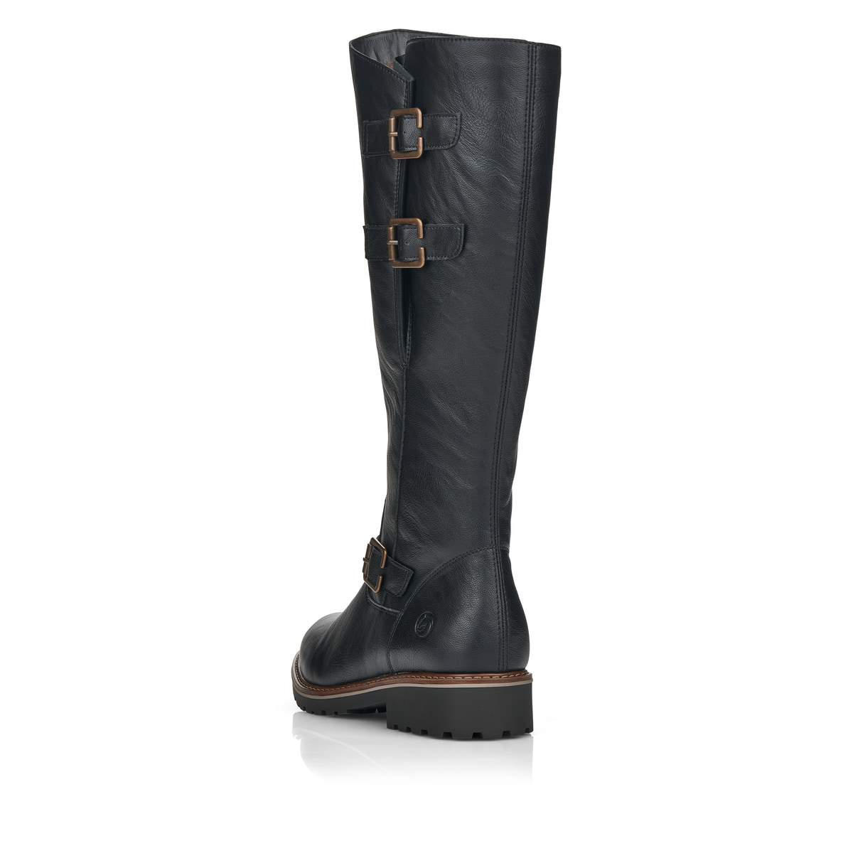 Nachtschwarze remonte Damen Hochschaftstiefel R6590-01 mit einer Profilsohle. Schuh von hinten