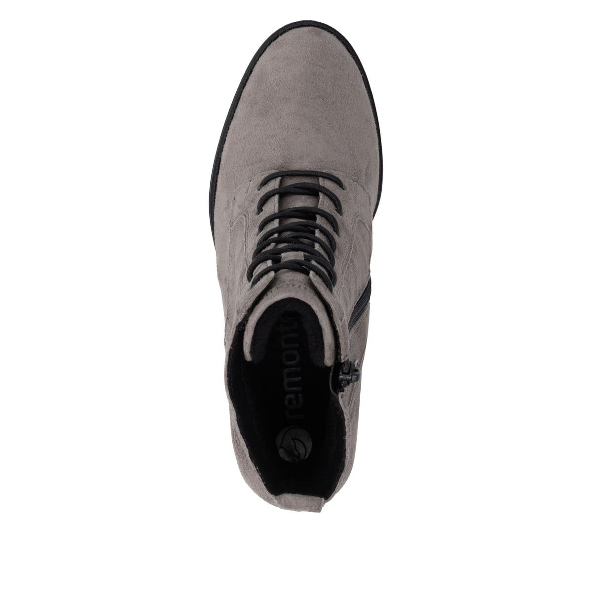 Graue remonte Damen Schnürstiefel D2A80-42 mit einem Reißverschluss. Schuh von oben.