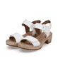Weiße remonte Riemchensandaletten D0N52-80 mit einem Klettverschluss. Schuhpaar seitlich schräg.