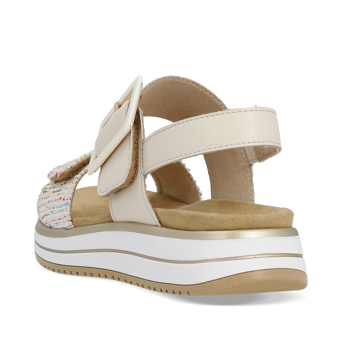 Vanillebeige remonte Damen Riemchensandalen D1J53-60 mit einem Klettverschluss. Schuh von hinten.