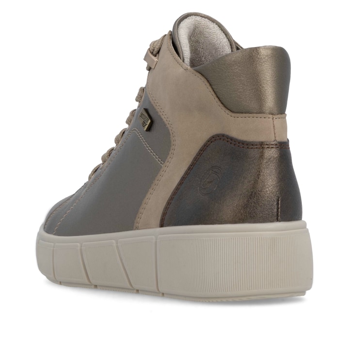 Metallische remonte Damen Kurzstiefel D1T77-90 mit wasserabweisender TEX-Membran. Schuh von hinten.