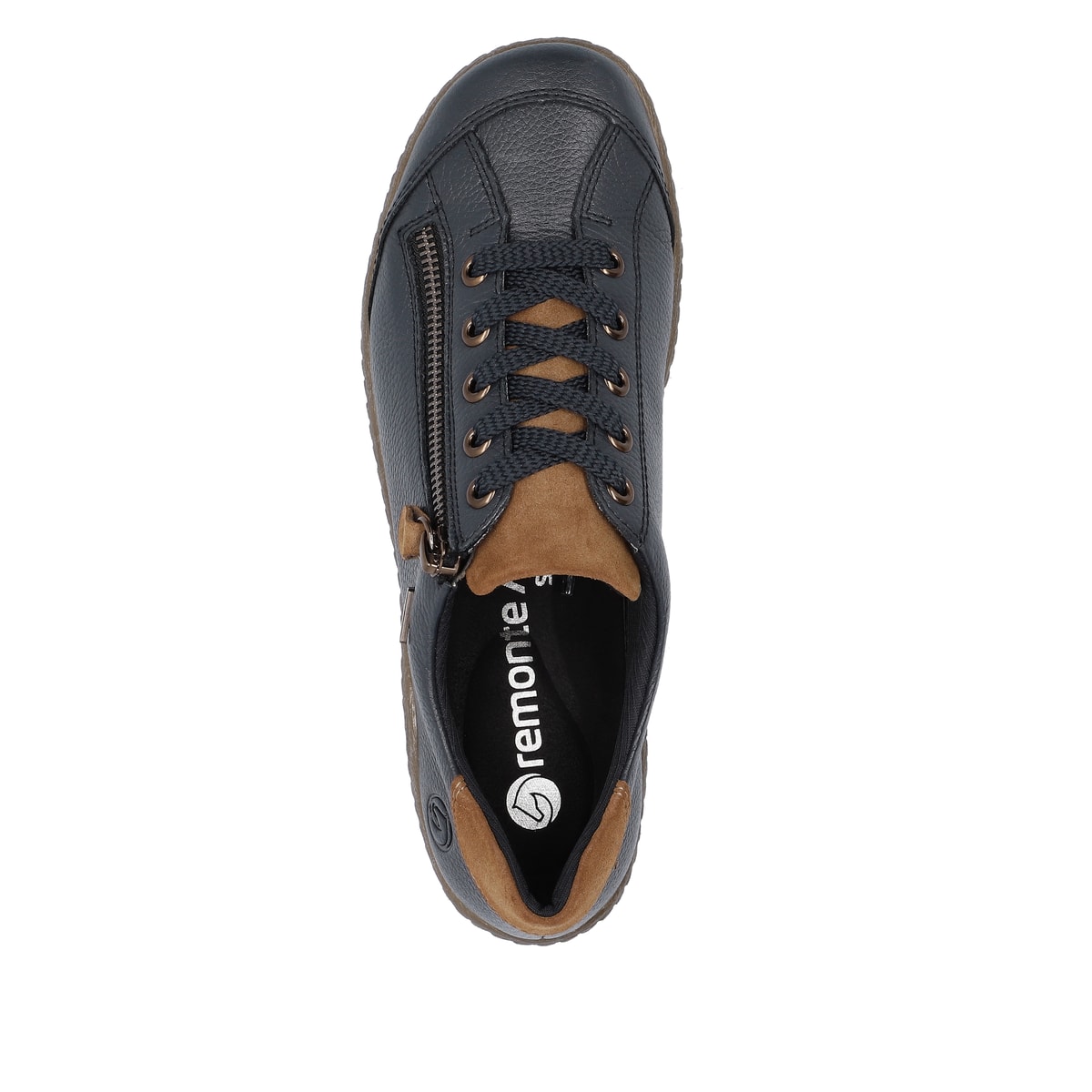 Dunkelblau-braune remonte Damen Schnürschuhe R1402-16. Schuh von oben.