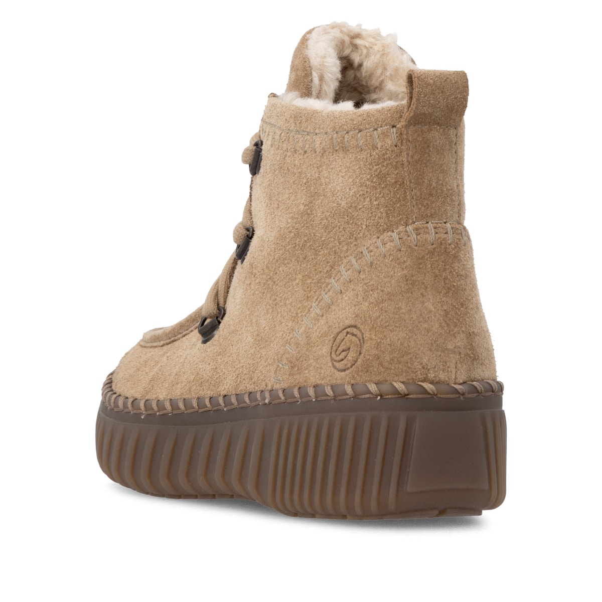 Camelfarbene remonte Damen Schnürstiefel D4A72-20 mit Mokassin-Optik. Schuh von hinten.