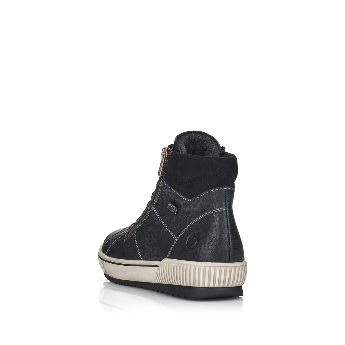 Schwarze remonte Damen Schnürstiefel D0772-01 mit wasserabweisender TEX-Membran. Schuh von hinten.